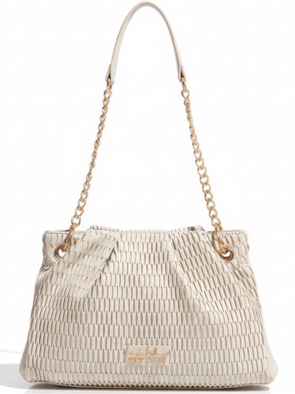 Nicole Miller New York Laser Cut Leather Shoulder Bag NWT Beige Cream Gold Chain
